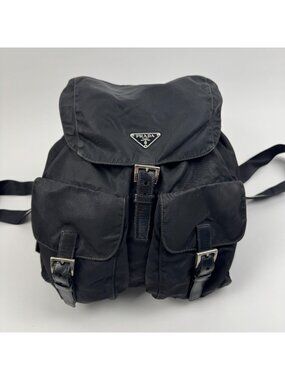 PRADA Backpack Nylon Leather Black Silver Auth Drawstring Bag Made in Italy